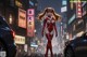 A woman in a red bodysuit standing in the middle of a city street.