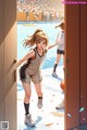 A girl in a basketball uniform standing in front of a door.