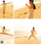 A woman in a white dress is running on the beach.