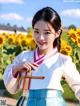 A woman in a blue and white dress standing in front of sunflowers.